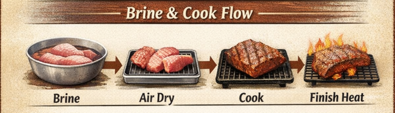 Four-step cooking process illustration showing brine in a bowl, meat air drying on a rack, meat cooking on grill grates, and meat with flames showing finish heat