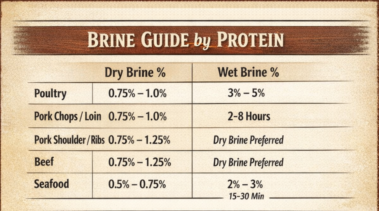 Brining guide chart showing dry brine percentages and wet brine percentages for different proteins including poultry, pork chops, pork shoulder, beef, and seafood with recommended times