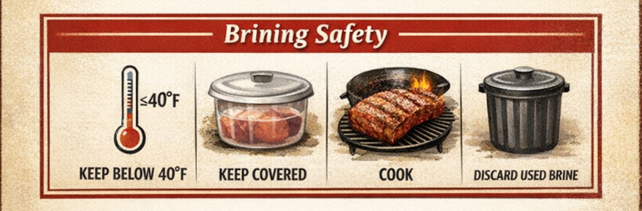 Food safety graphic showing thermometer under 40 degrees Fahrenheit, covered container with meat in brine, cooked meat on grill, and trash can for discarding used brine