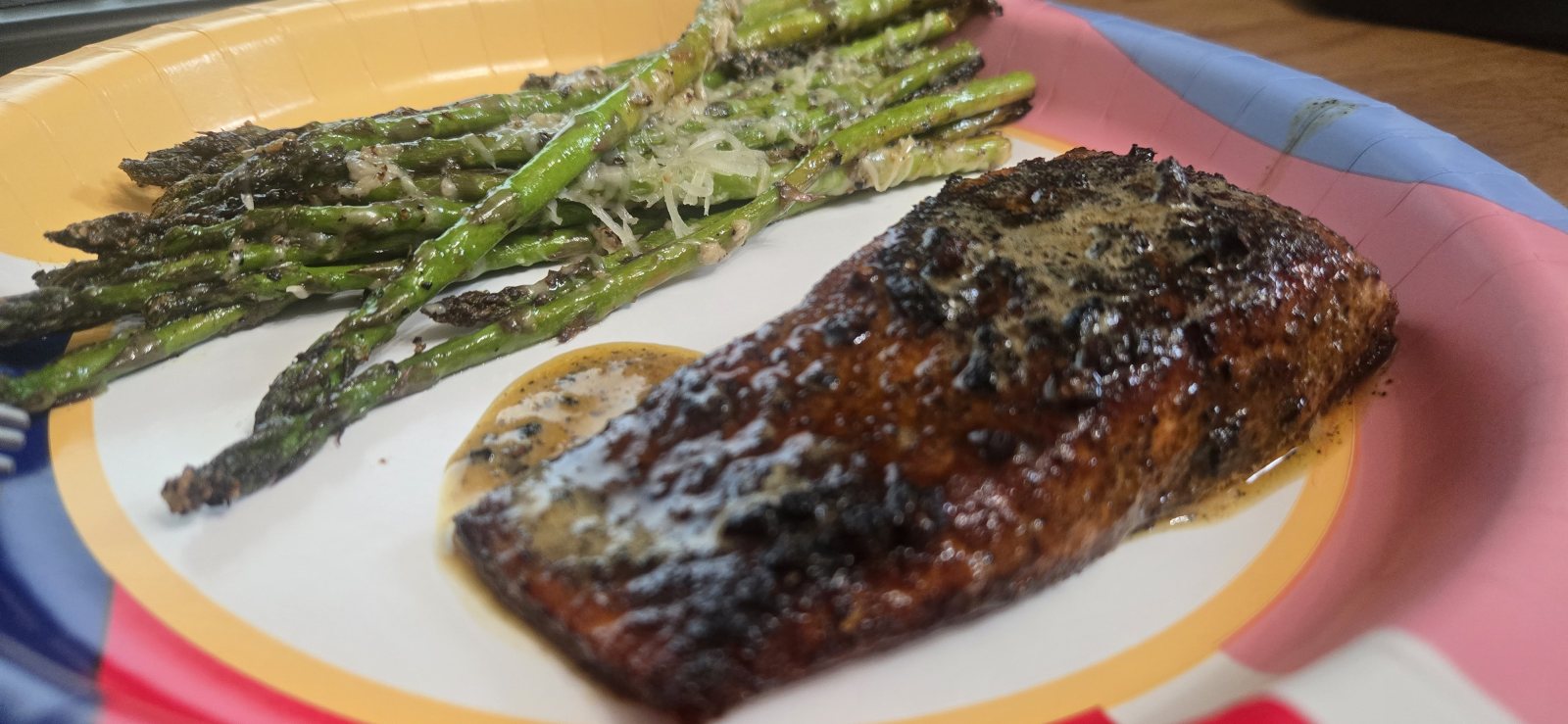 Blackened Salmon with Lemon Garlic Butter and Parmesan Asparagus